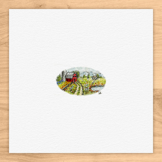 Oval Farm Landscape Tiny Art Watercolor Print