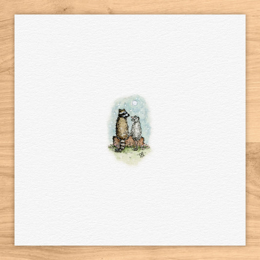 Raccoon & Possum On Log Tiny Art Watercolor Print