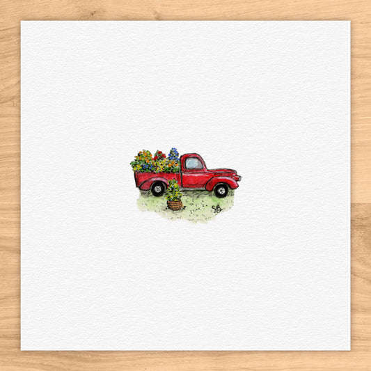 Red Pickup Truck Tiny Art Watercolor Print