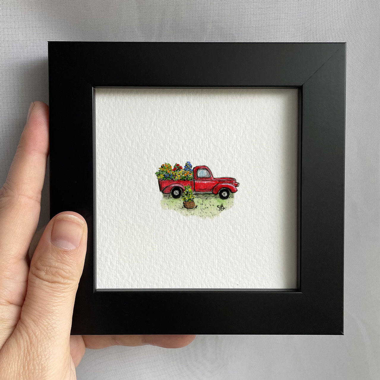 Red Pickup Truck Tiny Art Watercolor Print