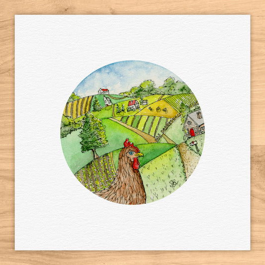 Rolling Hills With Chicken Tiny Art Watercolor Print