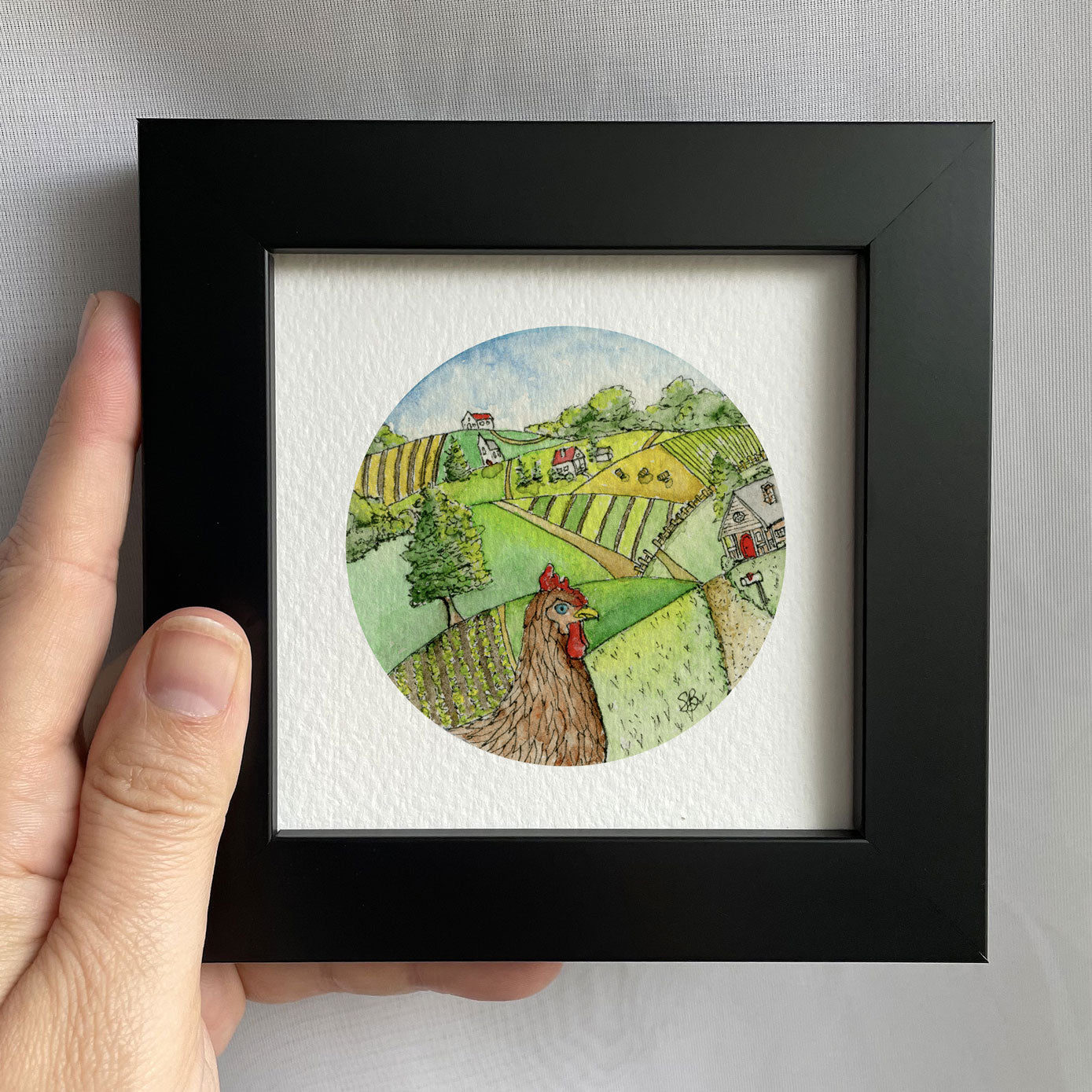 Rolling Hills With Chicken Tiny Art Watercolor Print