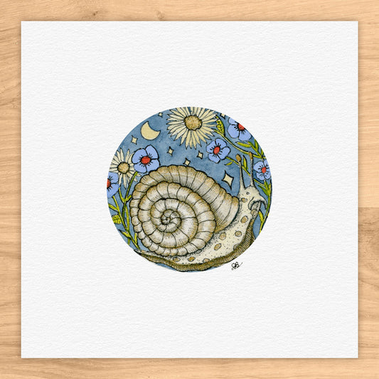 Snail At Night Tiny Art Watercolor Print