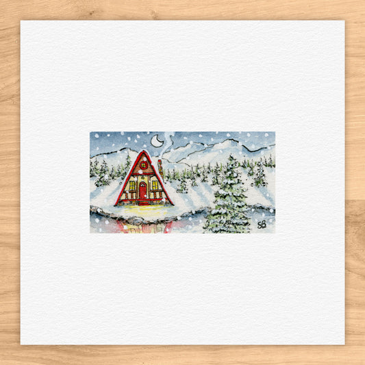Snowy A-Frame Cabin Watercolor Print