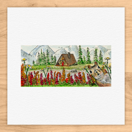 Peeping Squirrel Landscape Watercolor Print