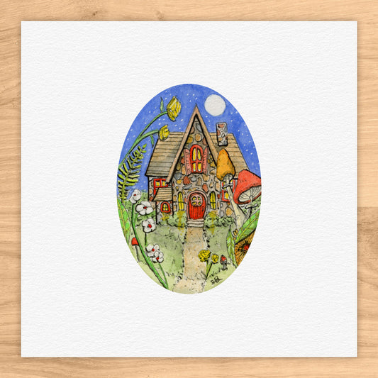 Stone Cottage With Mushrooms Watercolor Print