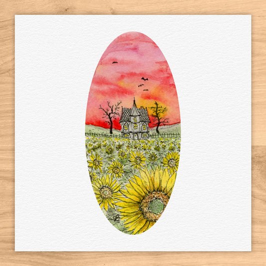 Sunflower Field Haunted House Watercolor Print