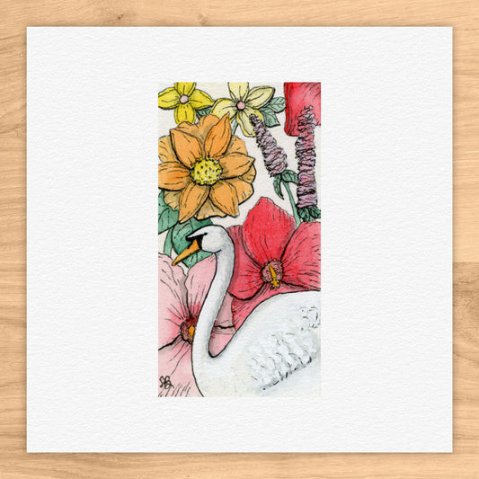 Swan and Flowers Watercolor Print