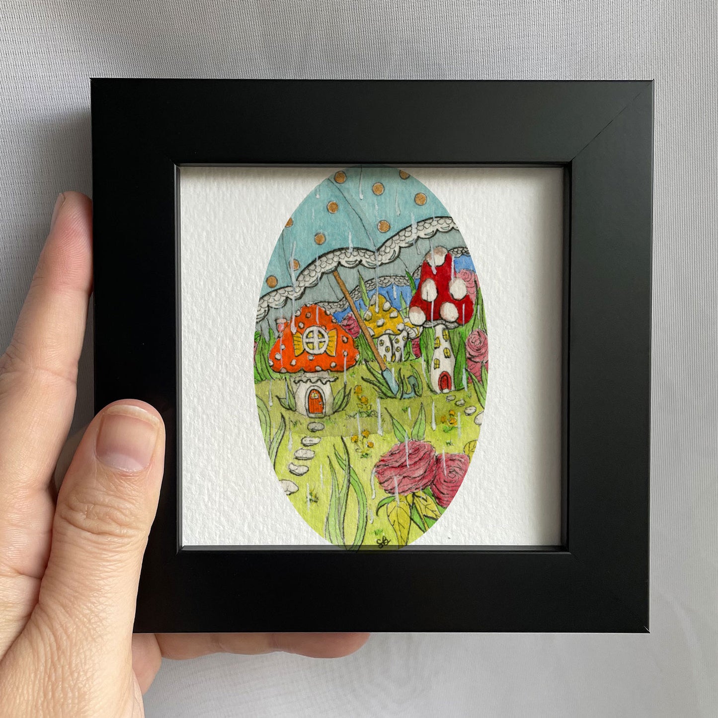 Umbrella Mushroom Village Tiny Art Watercolor Print