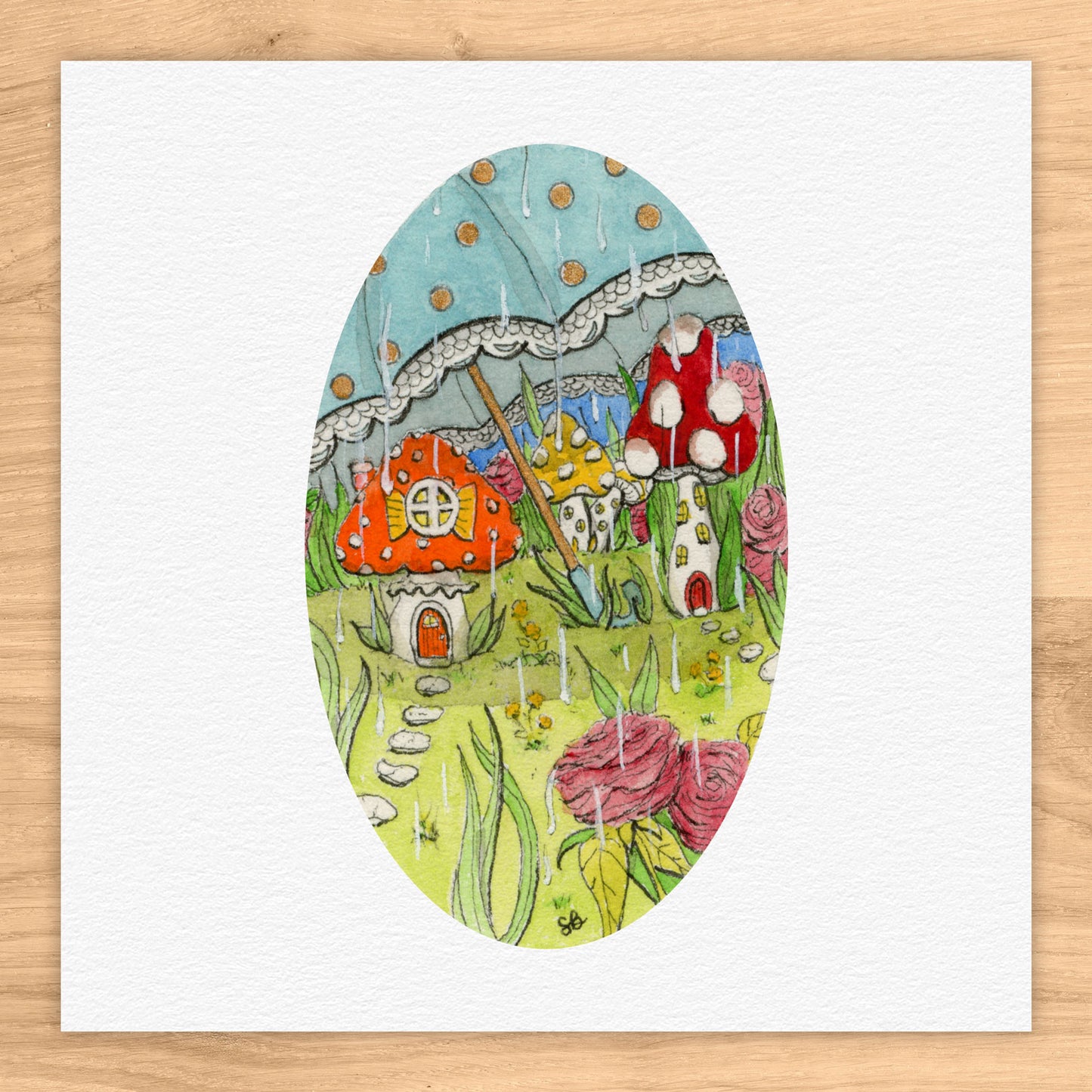 Umbrella Mushroom Village Tiny Art Watercolor Print