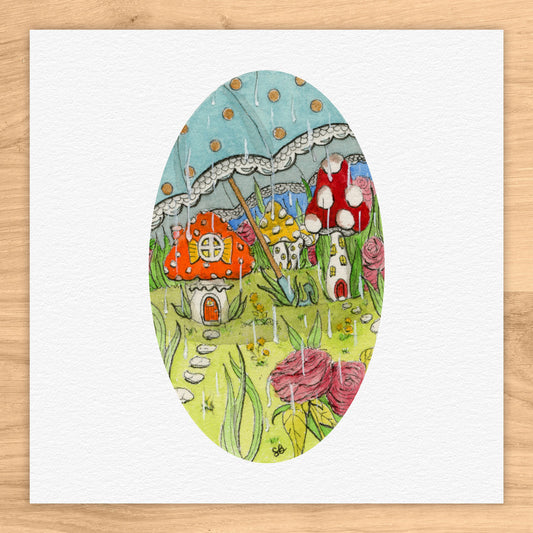Umbrella Mushroom Village Tiny Art Watercolor Print