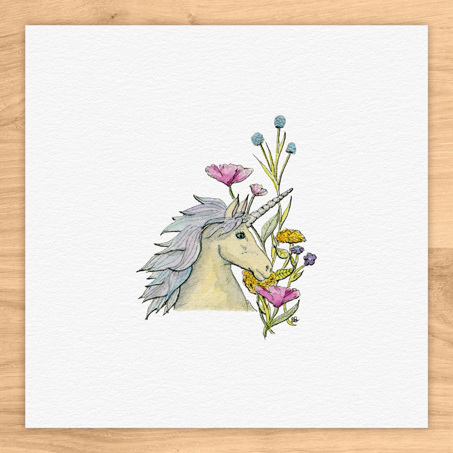 Unicorn With Flowers Tiny Art Watercolor Print
