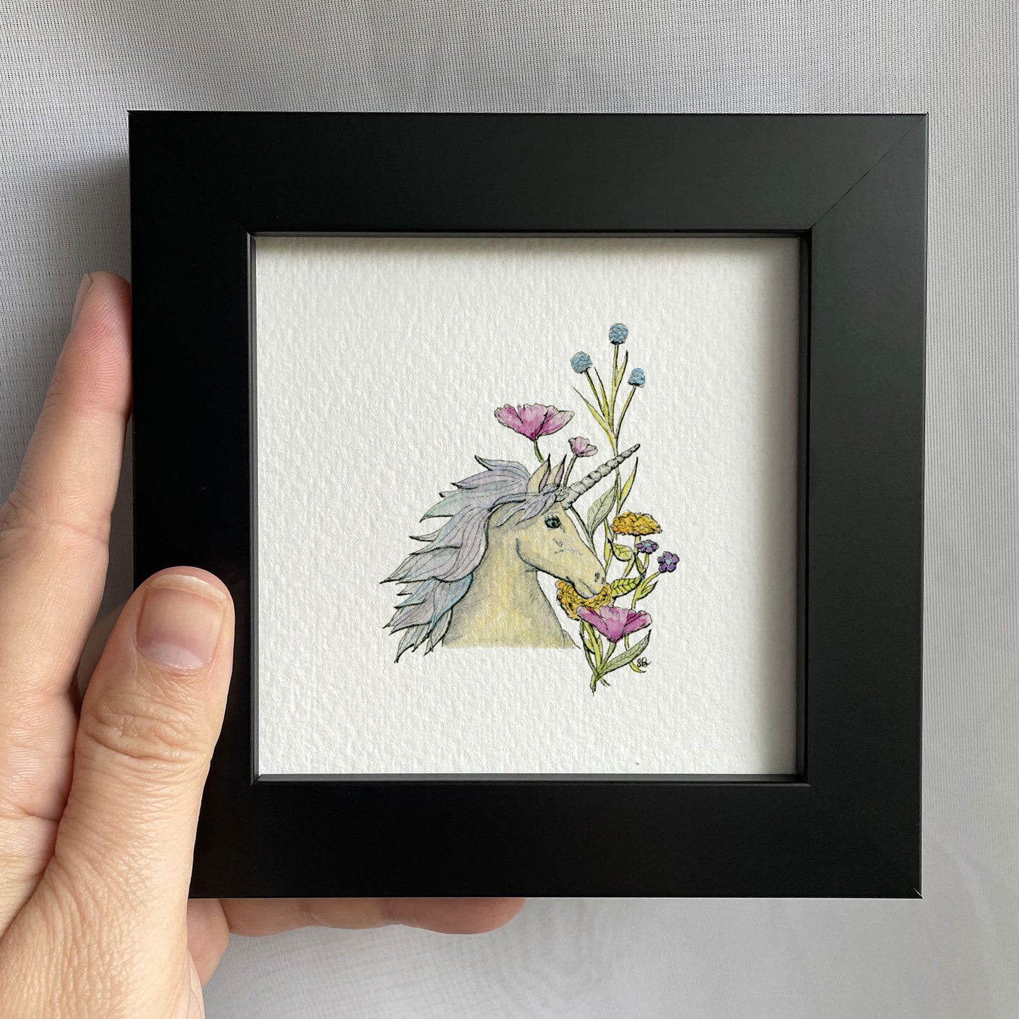 Unicorn With Flowers Tiny Art Watercolor Print