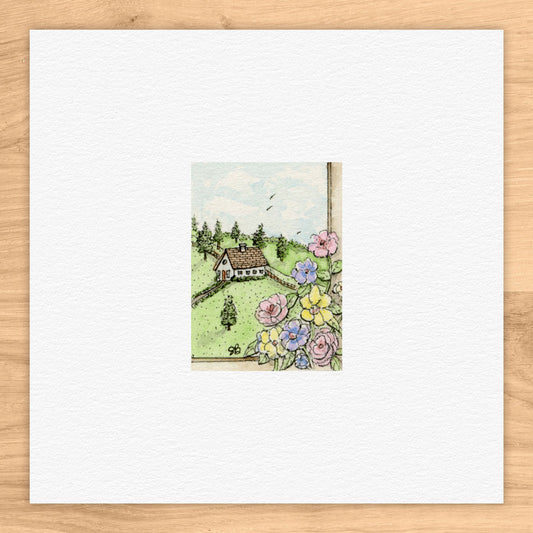 View From Window Tiny Art Watercolor Print