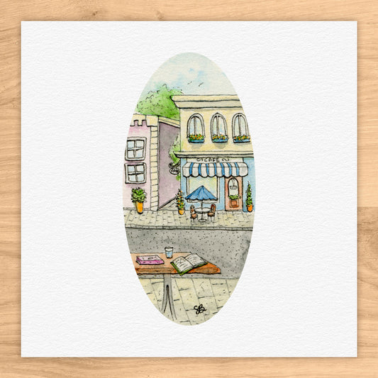 View of Cafe Tiny Art Watercolor Print