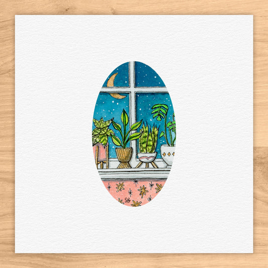 Window Sill Potted Plants Tiny Art Watercolor Print