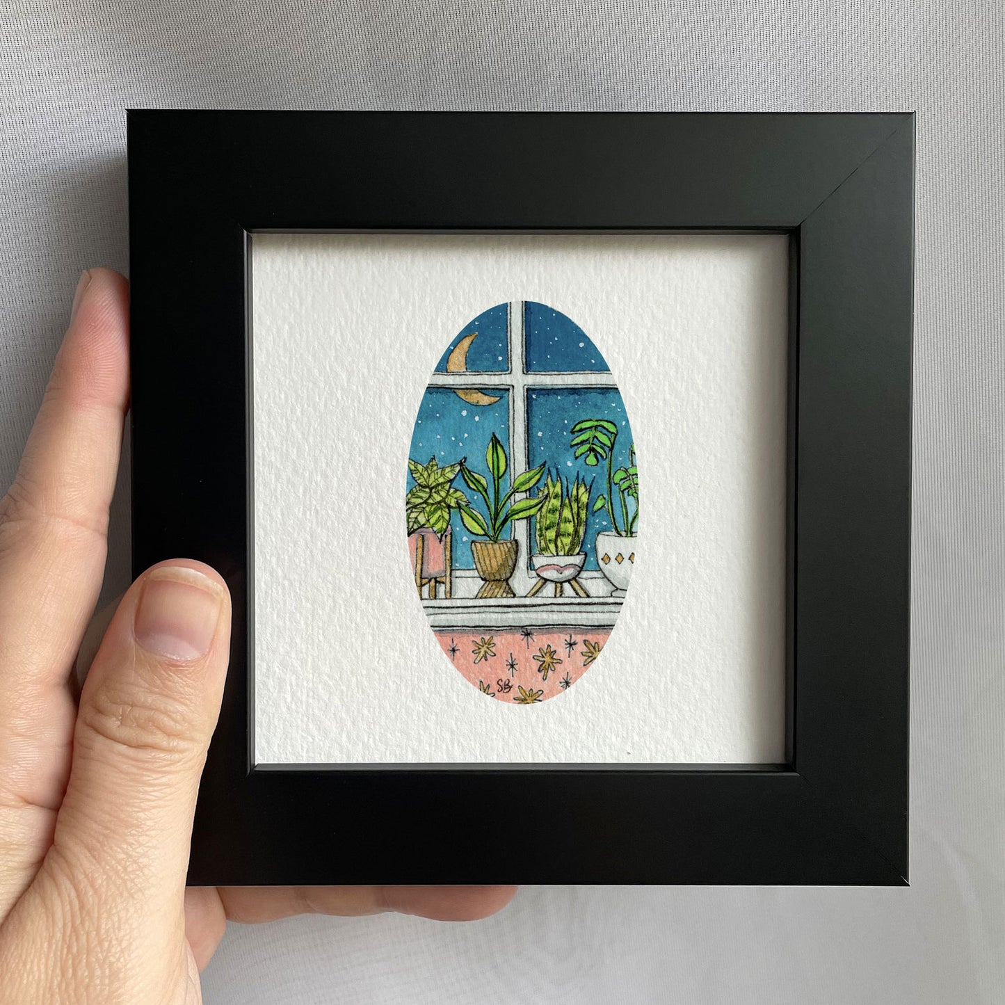 Window Sill Potted Plants Tiny Art Watercolor Print