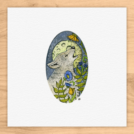 Wolf Howling Tiny Art Watercolor Print