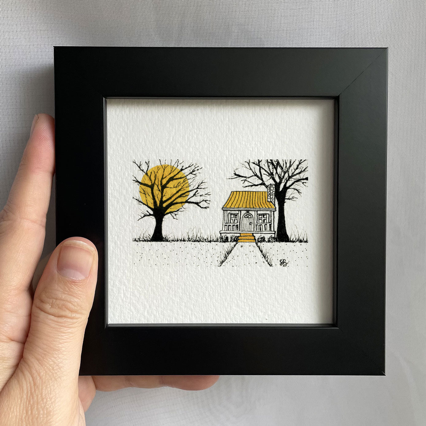 Yellow Moon And Cabin Tiny Art Watercolor Print