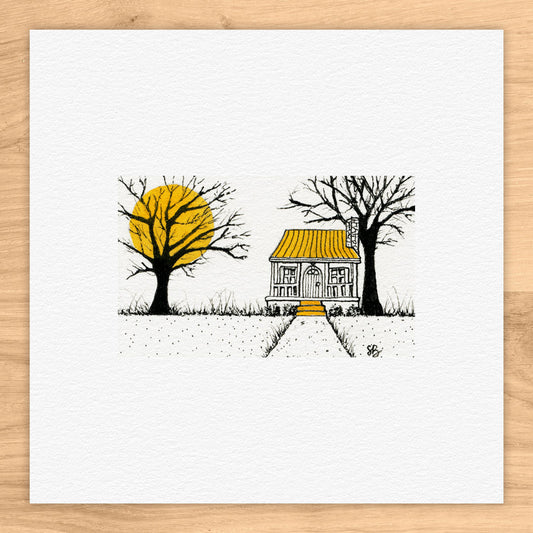 Yellow Moon And Cabin Tiny Art Watercolor Print