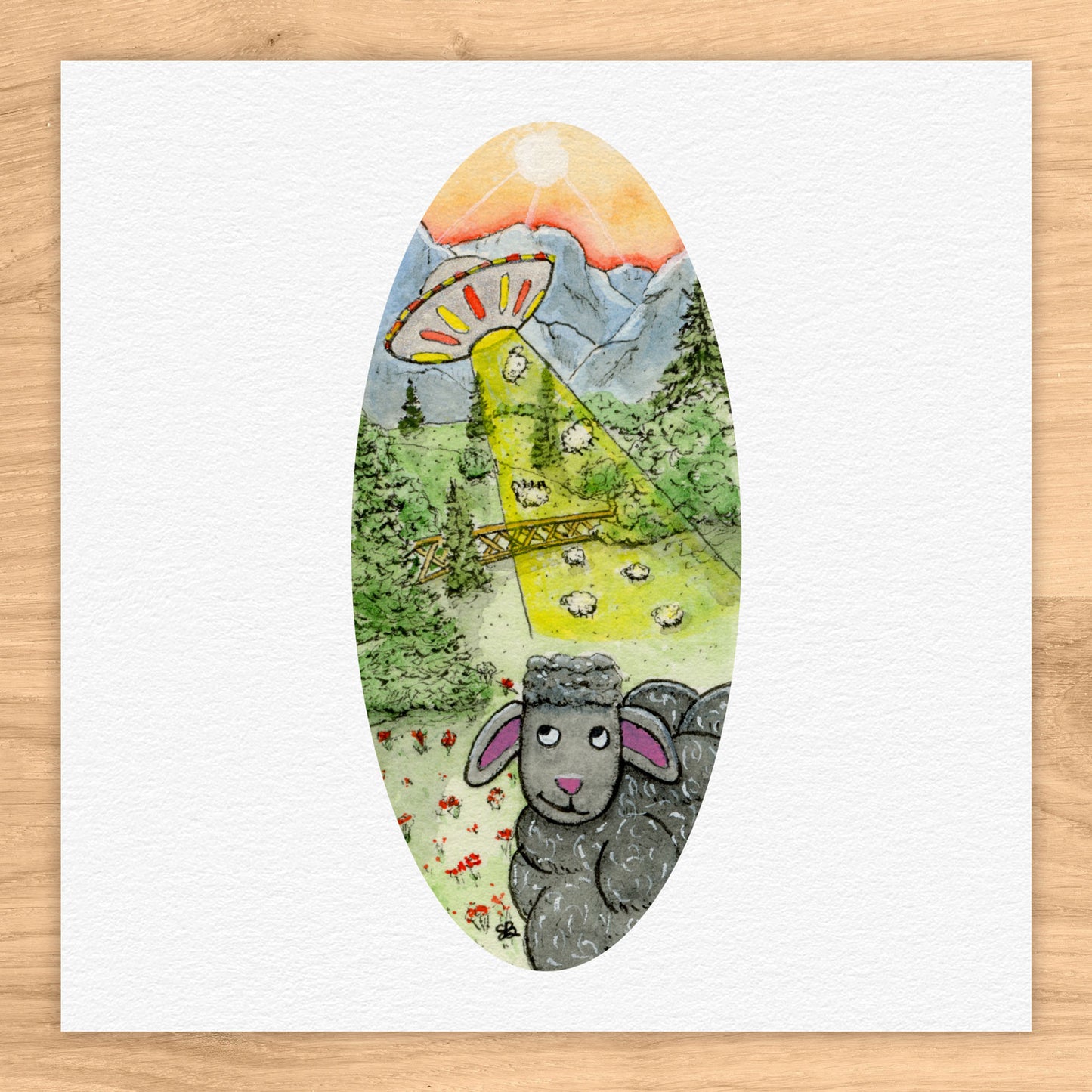 Black Sheep with UFO Abduction Tiny Art Watercolor Print