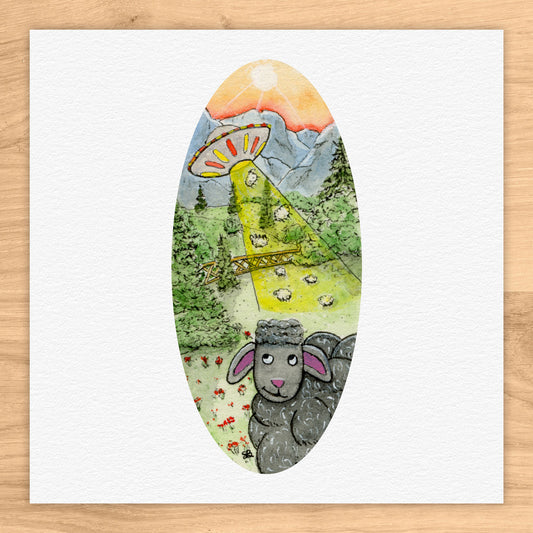 Black Sheep with UFO Abduction Tiny Art Watercolor Print