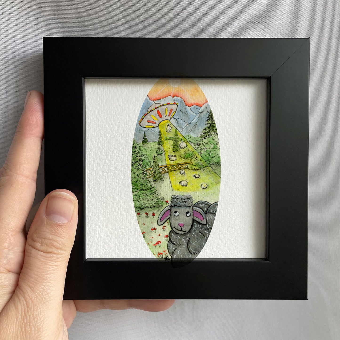 Black Sheep with UFO Abduction Tiny Art Watercolor Print