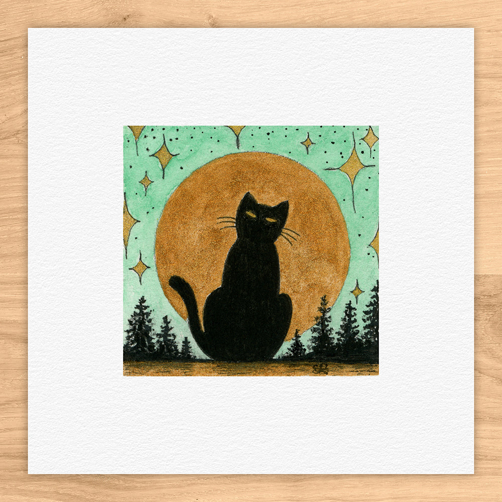 Black Cat & Moon Watercolor Print