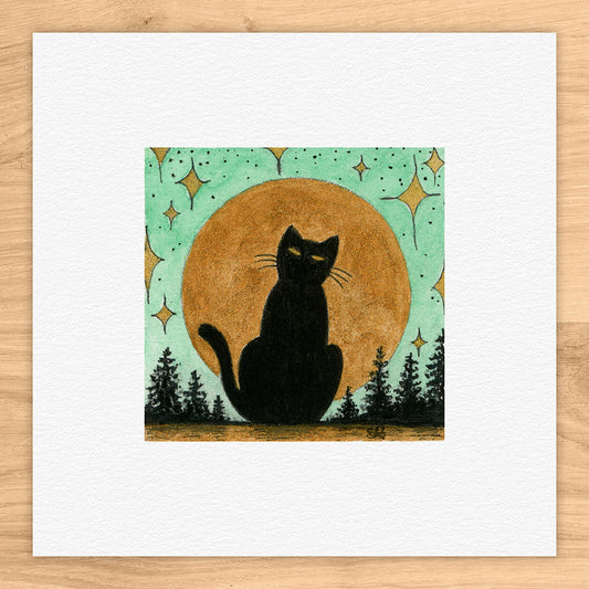 Black Cat & Moon Watercolor Print