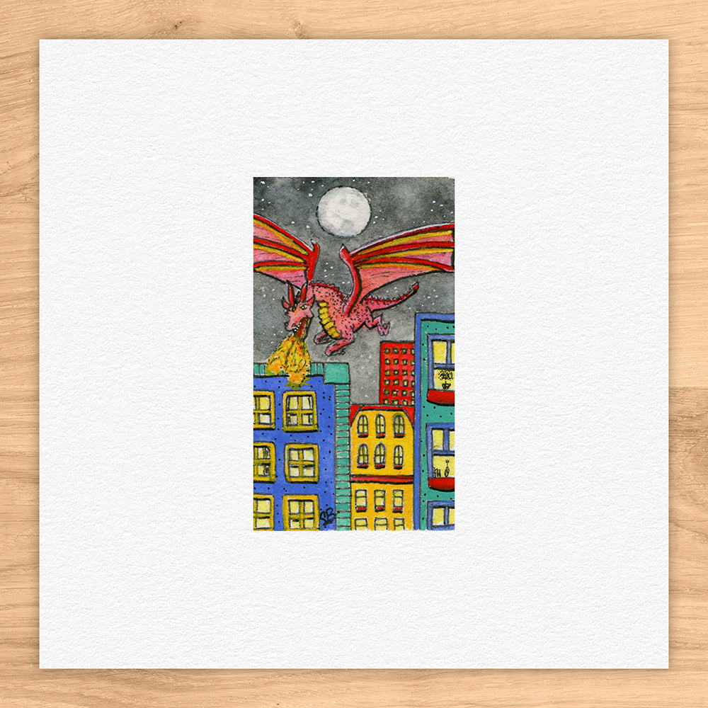 Dragon Over City Watercolor Print