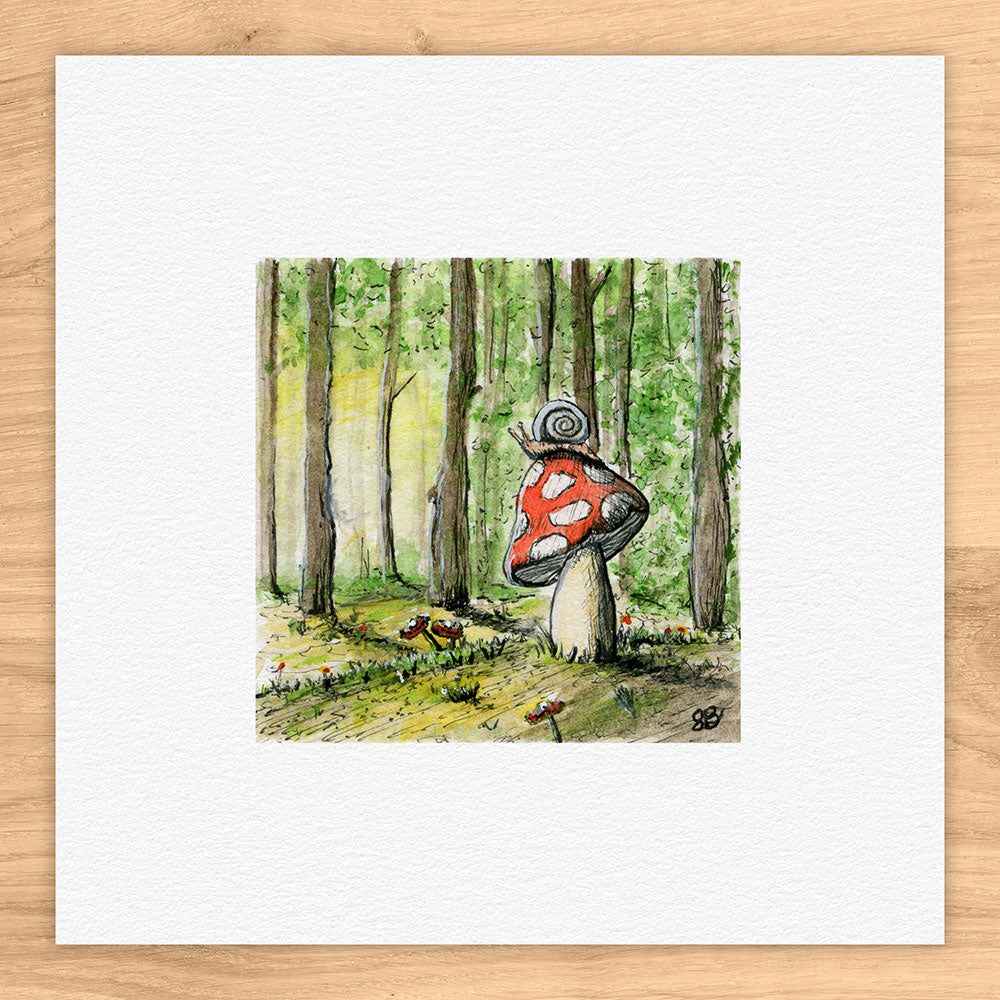Mushroom on Snail Watercolor Print