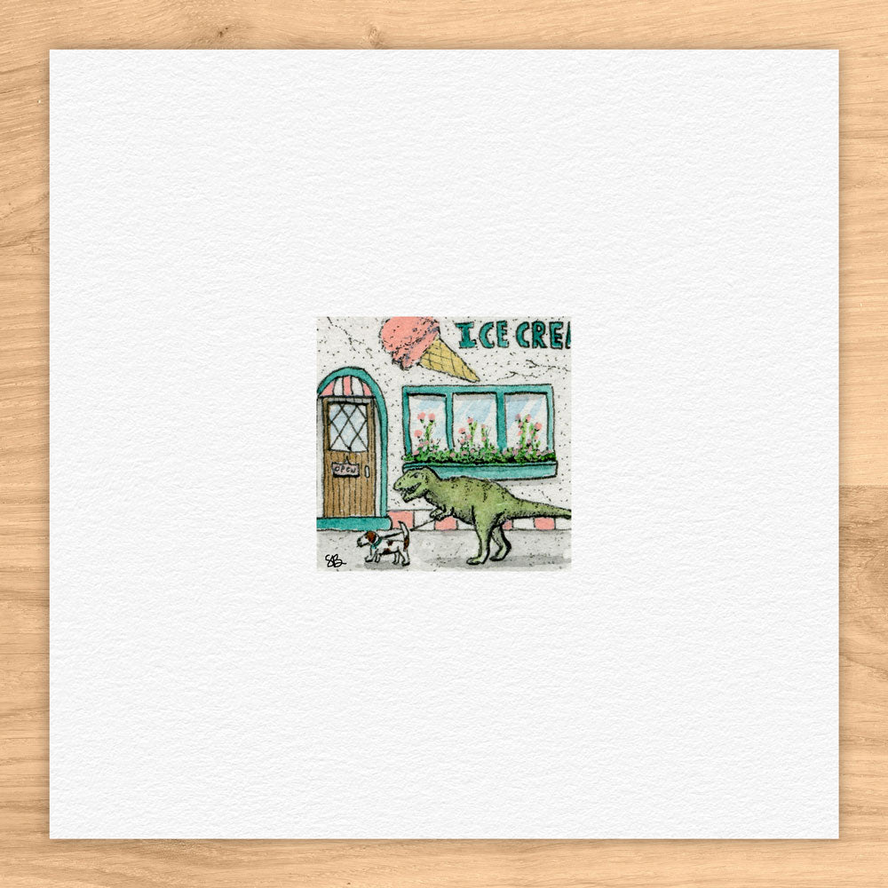 T-Rex Walking A Dog Watercolor Print